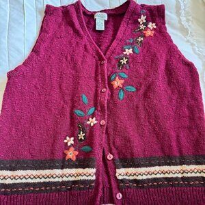 Vintage Classic Elements Sweater Vest Women Size Large (14-16) Dark Red Floral